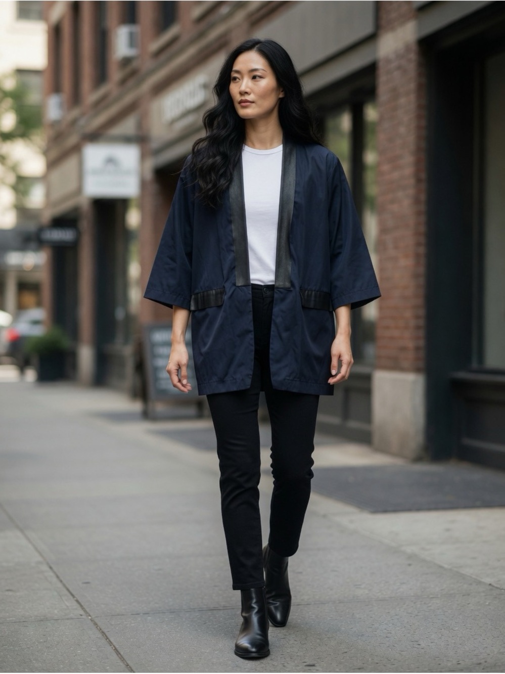 Planet by Lauren OsFA Women's Navy Short Sleeve Jacket with Black Trim